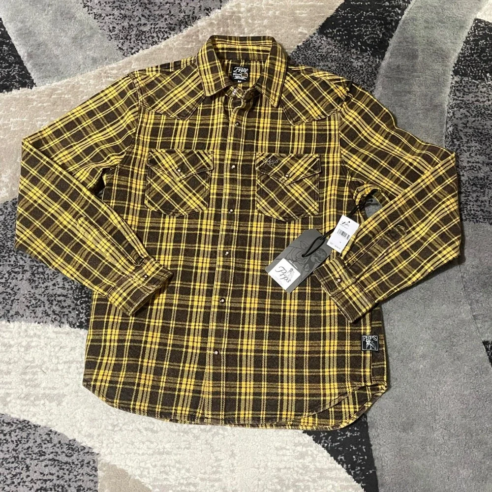 PrpsFlannel Shirt‎ Men Medium Brown Plaid Pearl Snap  Western Heavy Cowboy NEW